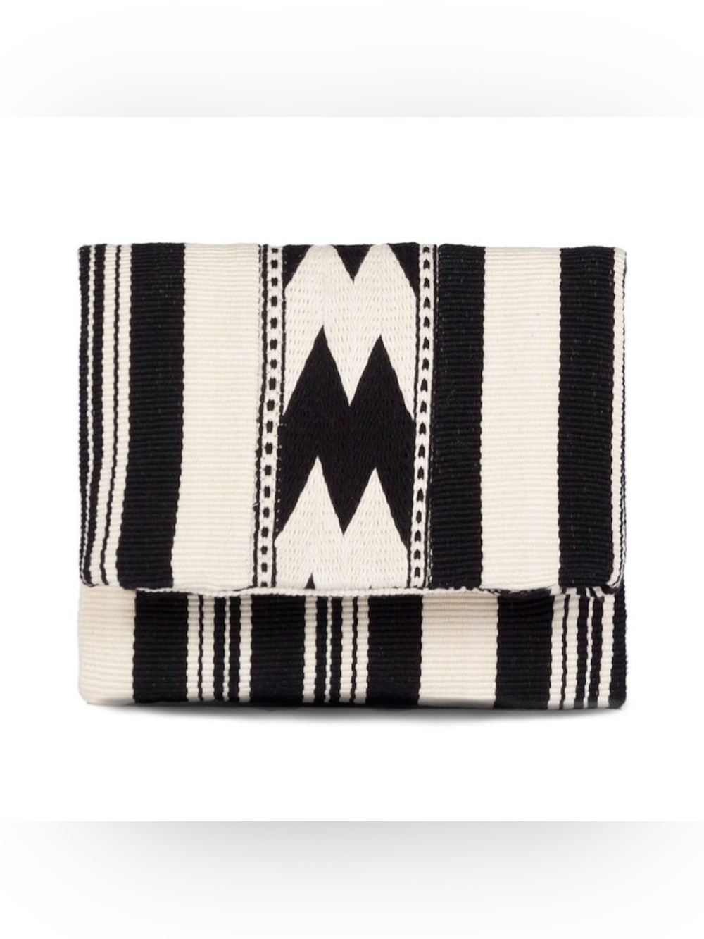 MERCADO GLOBAL Carmela Black Cream Woven Foldover Cotton Clutch Boho